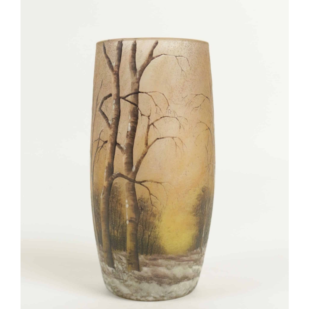 Daum Nancy vase émaillé paysage de neige | Biron Daum Nancy vase émaillé paysage de neige