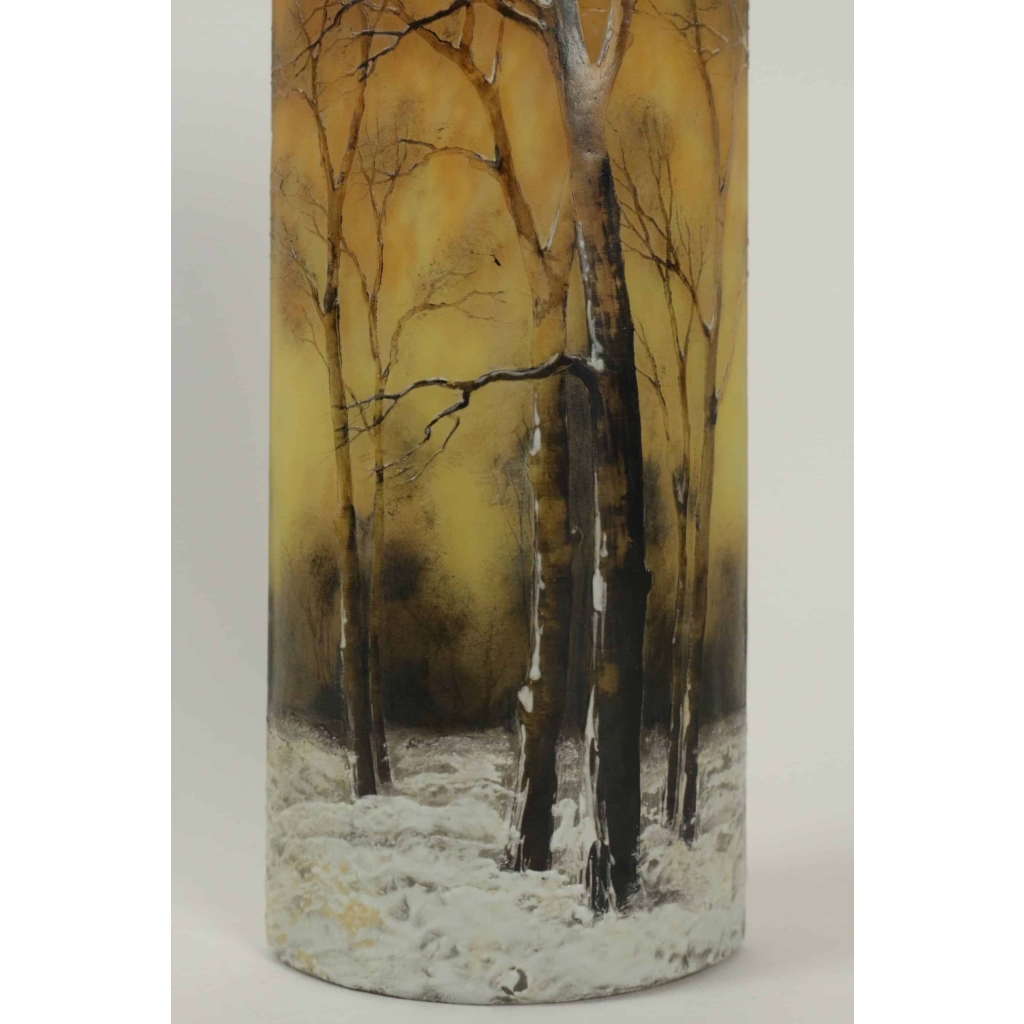 Daum Nancy important vase émaillé » Paysage forestier en hiver « | Biron Daum Nancy important vase émaillé" Paysage forestier en hiver "