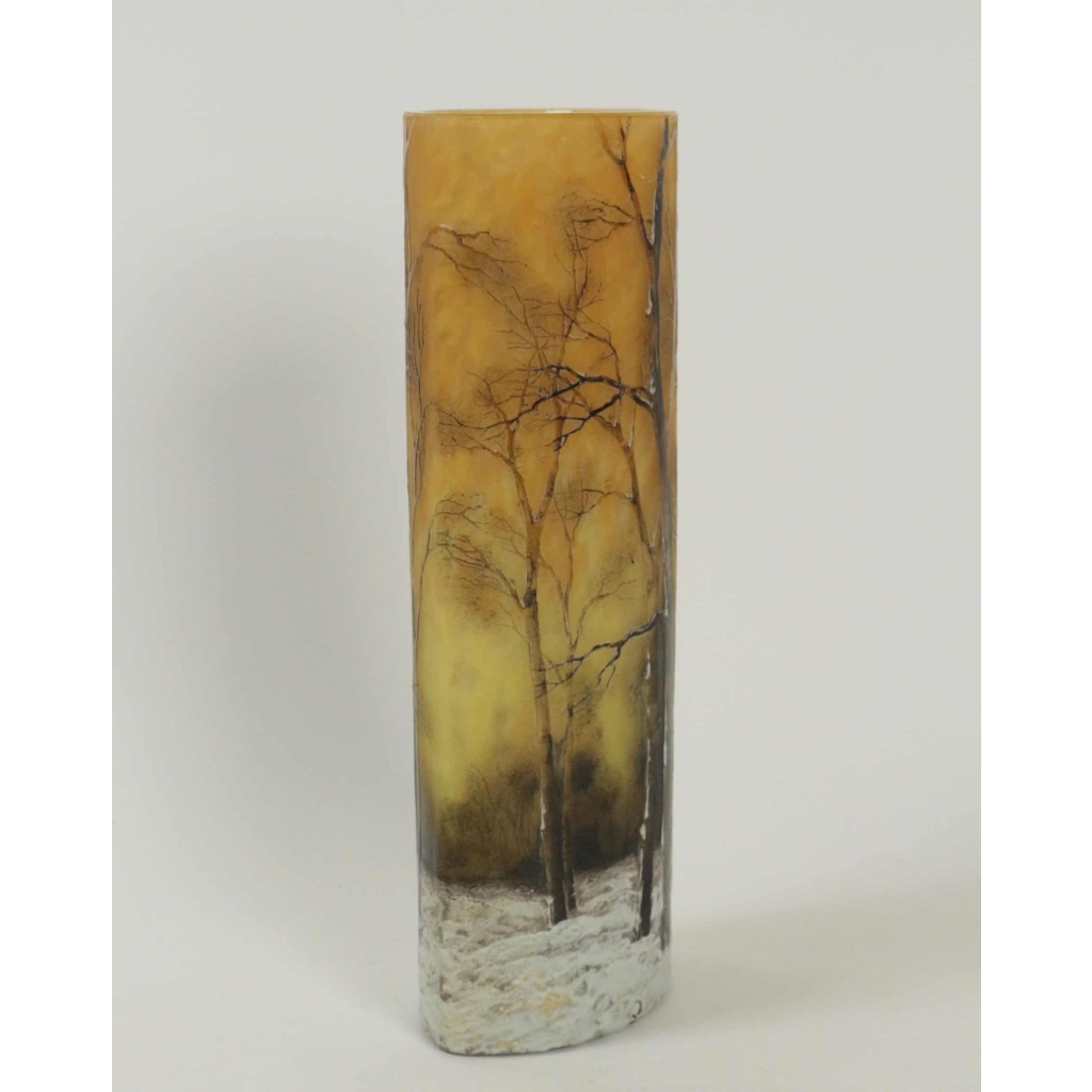 Daum Nancy important vase émaillé » Paysage forestier en hiver « | Biron Daum Nancy important vase émaillé" Paysage forestier en hiver "