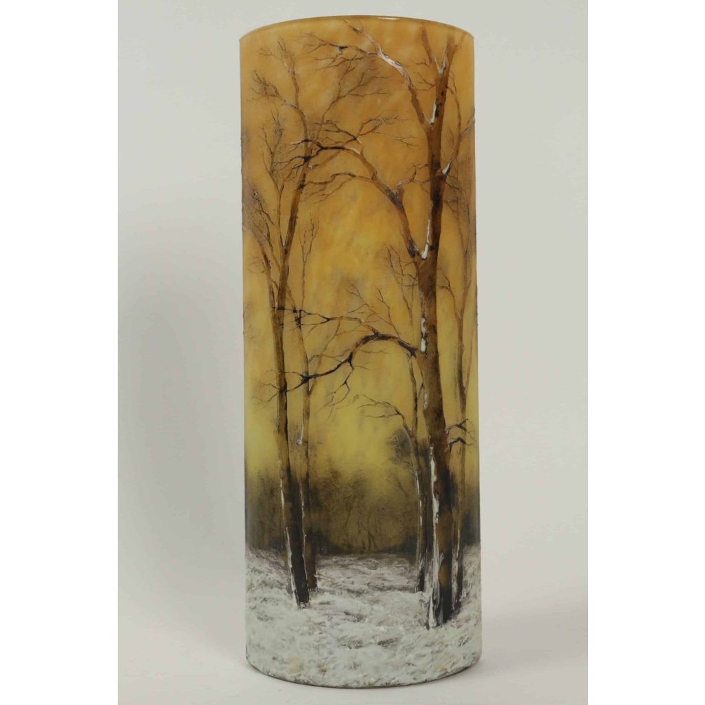 Daum Nancy important vase émaillé » Paysage forestier en hiver « | Biron Daum Nancy important vase émaillé" Paysage forestier en hiver "