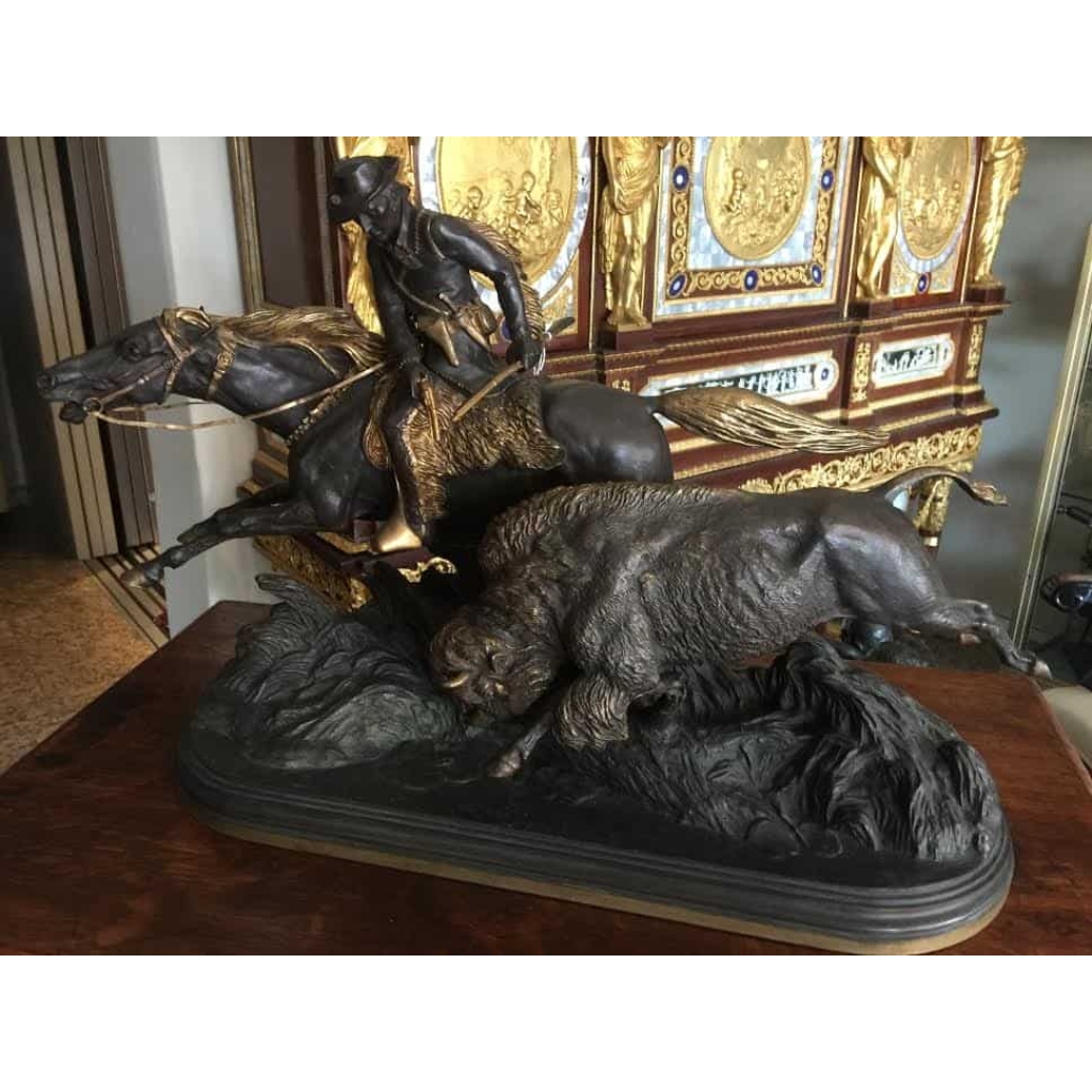 Bronze « Cowboy chassant le bison », signé ISIDORE BONHEUR. Réf: 374 | Biron ||||