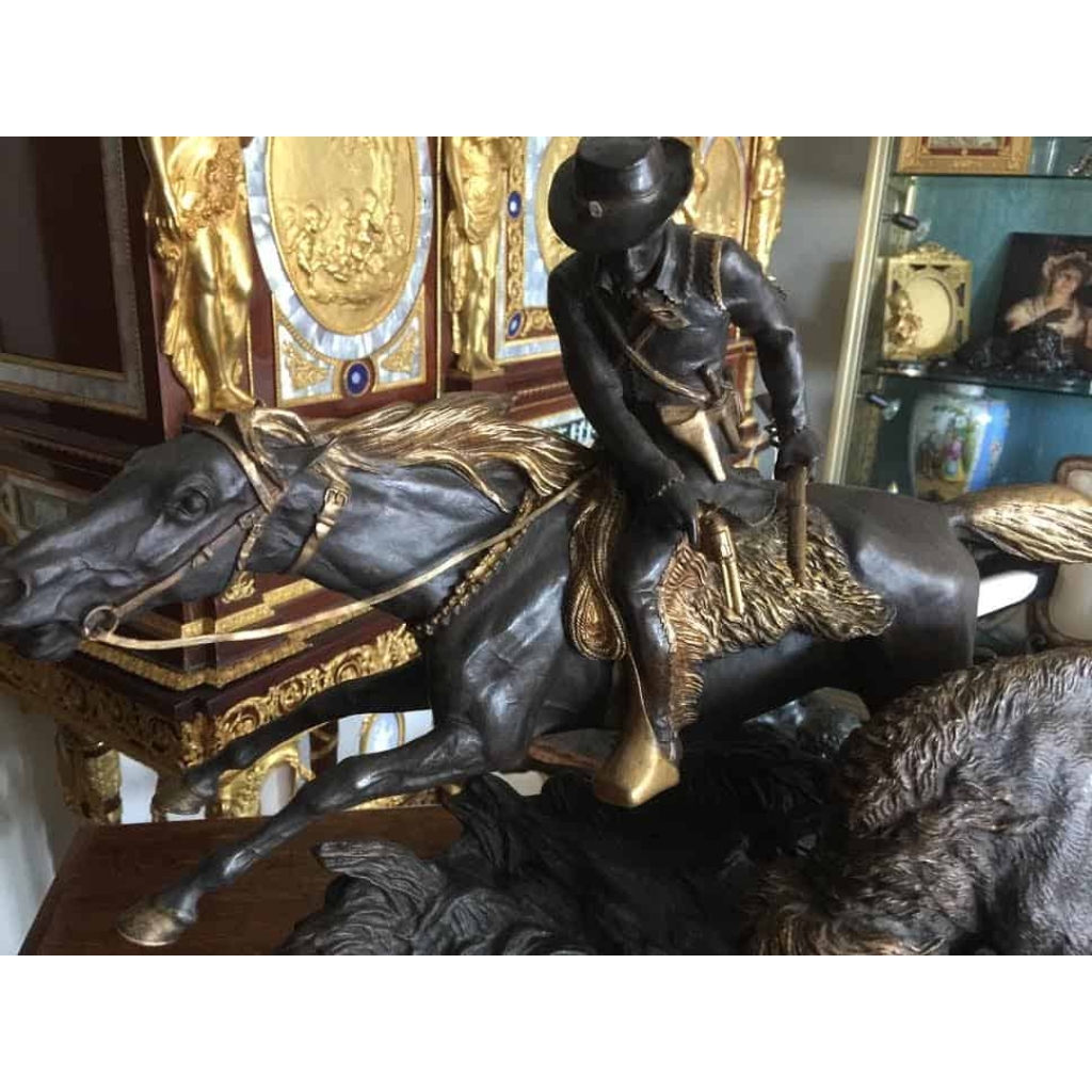 Bronze « Cowboy chassant le bison », signé ISIDORE BONHEUR. Réf: 374 | Biron Bronze "Cowboy chassant le bison", signé ISIDORE BONHEUR. Réf: 374
