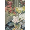 Peinture sur bois du XXème siècle d'un bouquet de fleurs devant un miroir