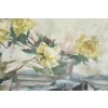 Peinture sur bois du XXème siècle d'un bouquet de fleurs devant un miroir