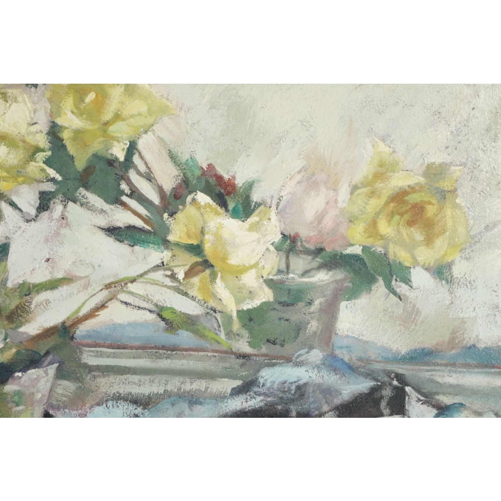 Peinture sur bois du XXème siècle d'un bouquet de fleurs devant un miroir