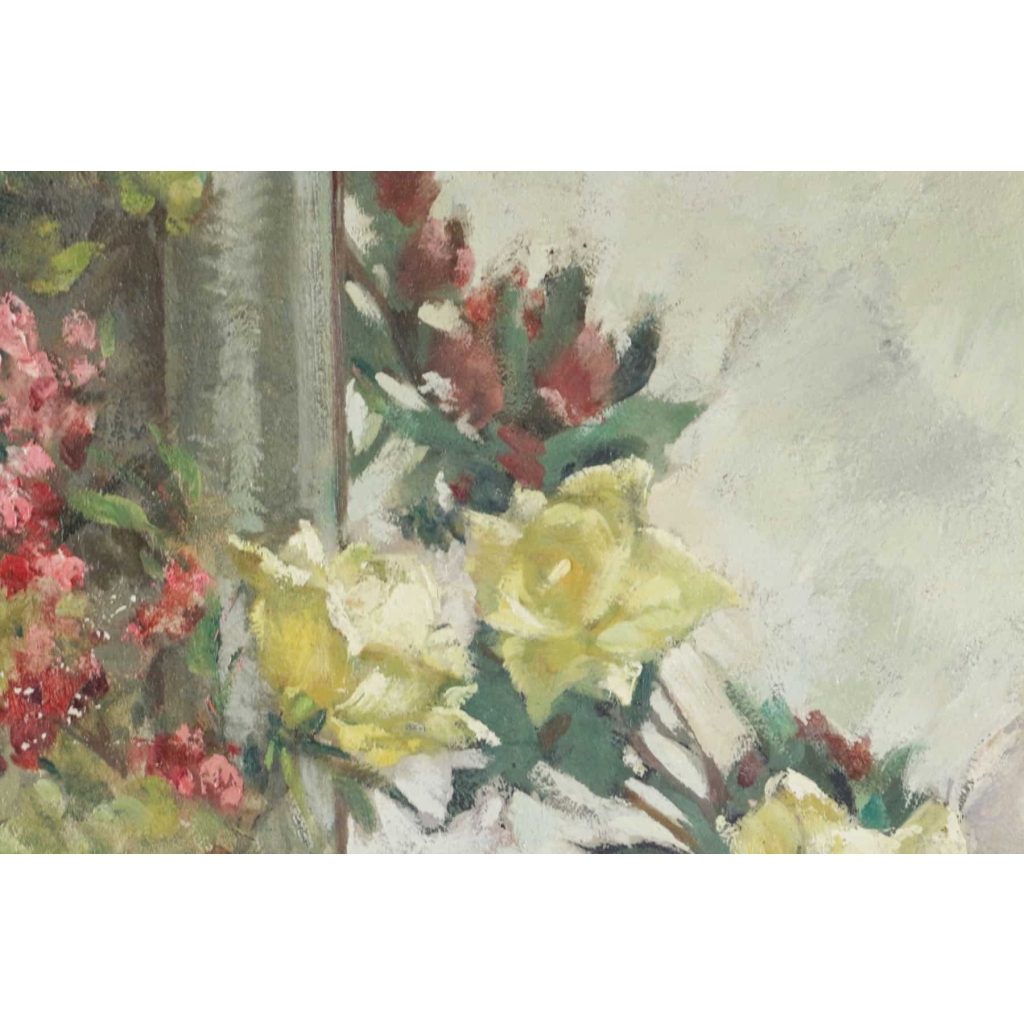 Peinture sur bois du XXème siècle d'un bouquet de fleurs devant un miroir