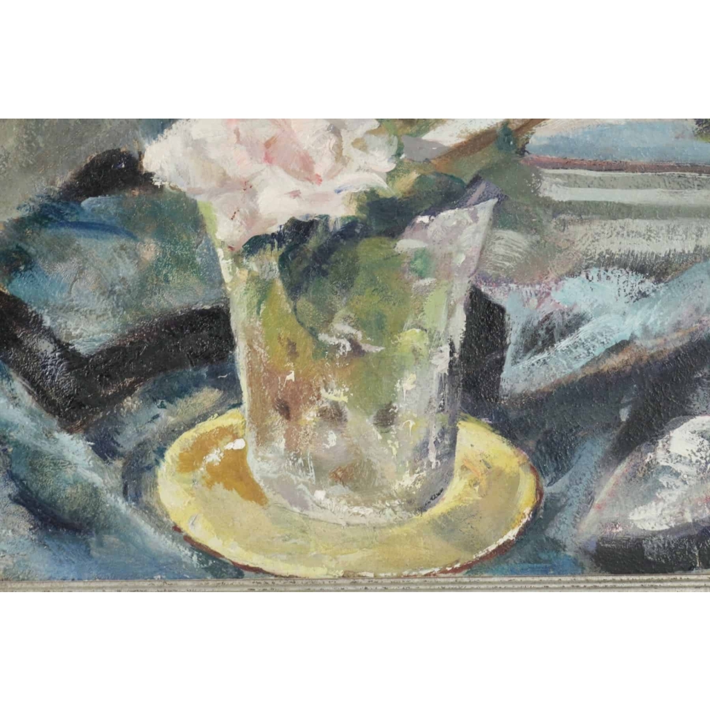 Peinture sur bois du XXème siècle d'un bouquet de fleurs devant un miroir
