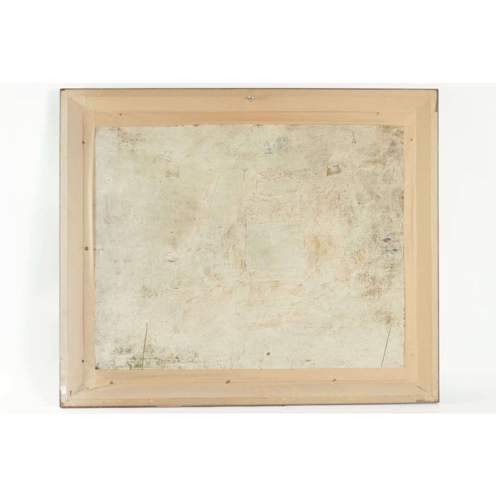 Peinture sur bois du XXème siècle d'un bouquet de fleurs devant un miroir