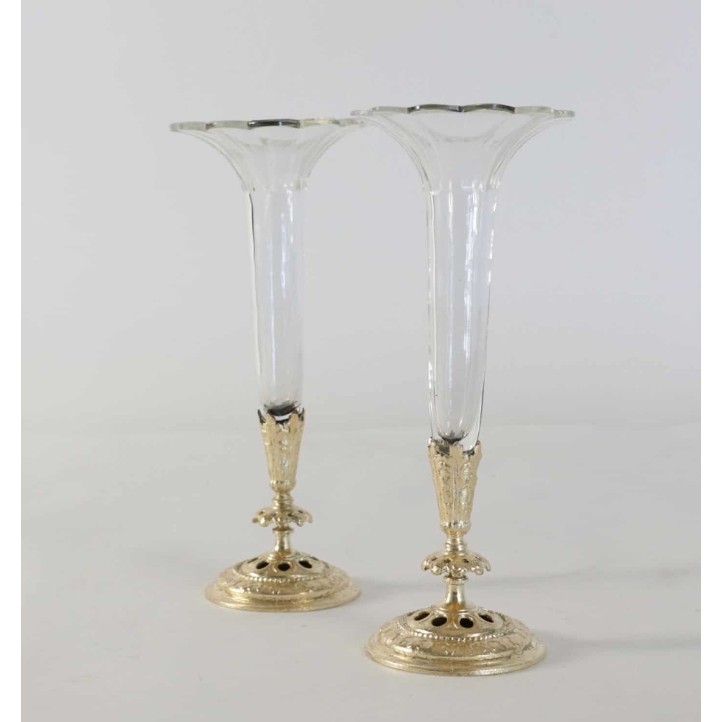 Paire de soliflores, cristal et bronze doré à la feuille d’or, XIXème siècle, époque Napoléon III | Biron ||||||||