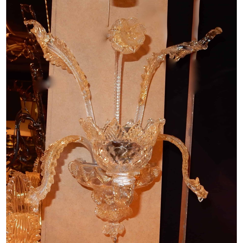 1950' Paire d'appliques 1 bras Murano Cristal et Paillons d'Or