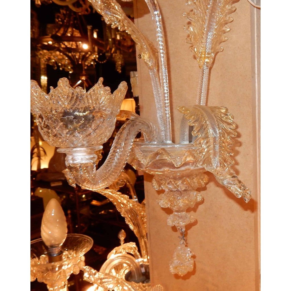 1950' Paire d'appliques 1 bras Murano Cristal et Paillons d'Or