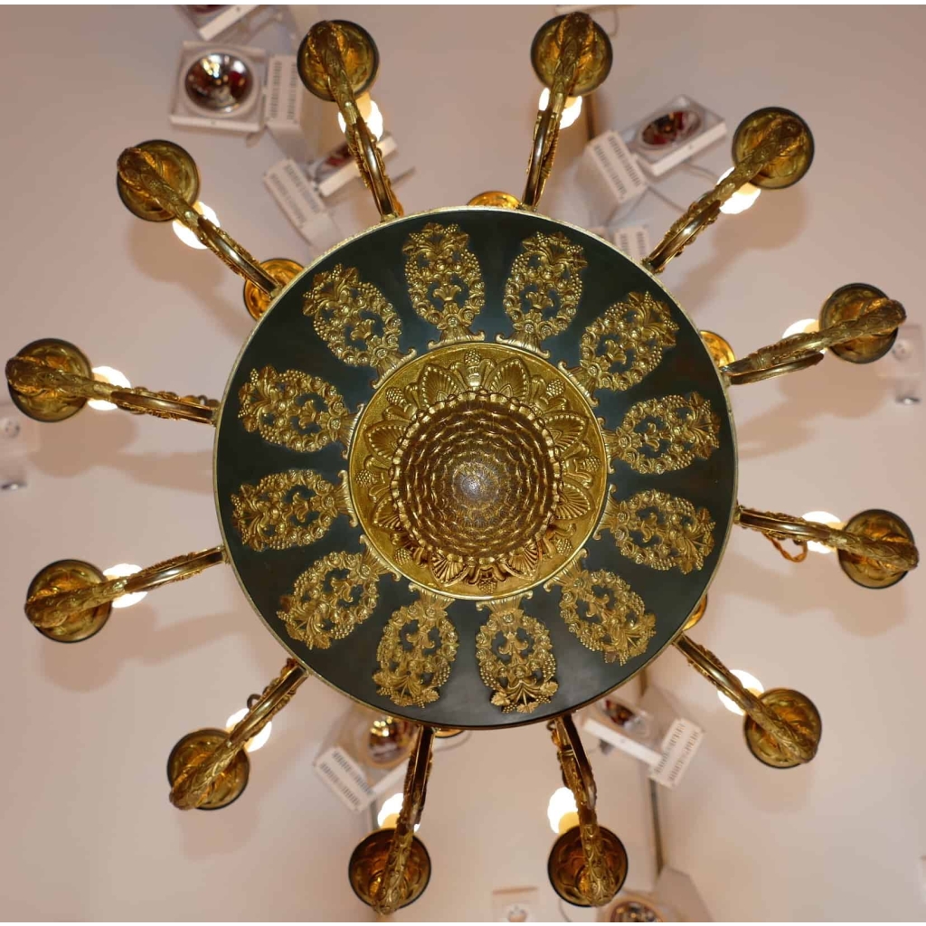Important lustre Empire 18 lumières en bronze ciselé et doré | Biron Important lustre Empire 18 lumières en bronze ciselé et doré
