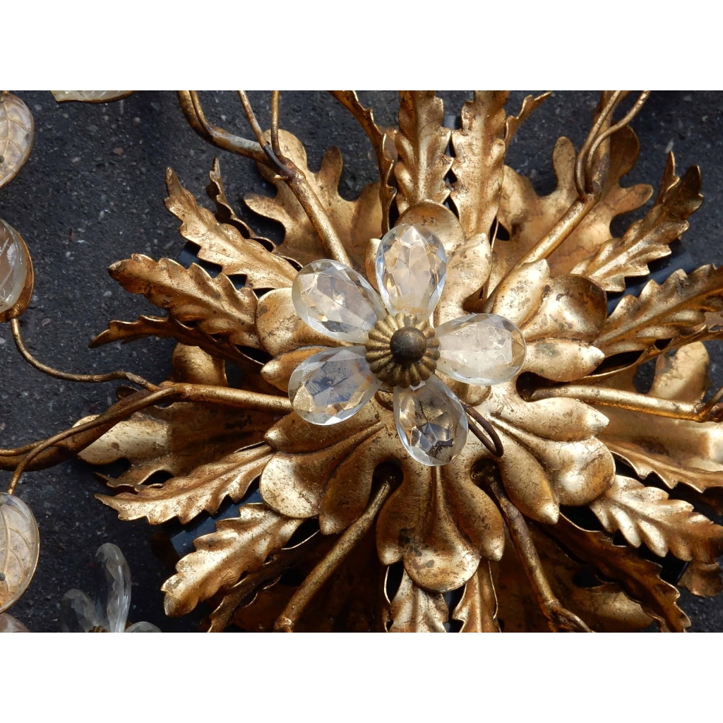 1950/70' Plafonnier à Décor Floral Avec Feuilles en Verre Style Maison Bagués