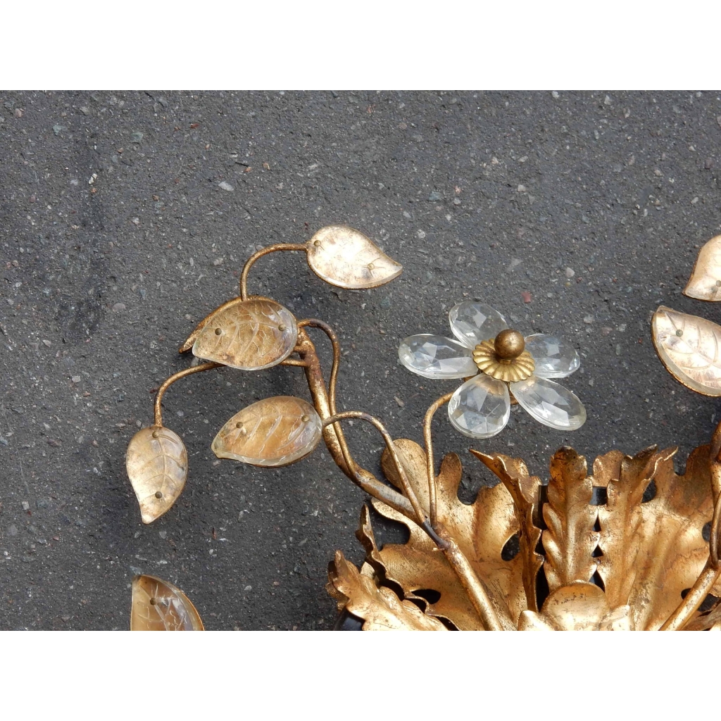 1950/70' Plafonnier à Décor Floral Avec Feuilles en Verre Style Maison Bagués