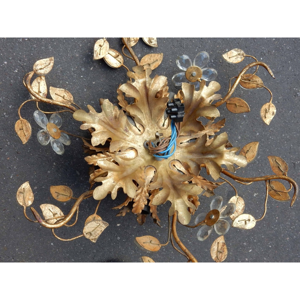 1950/70' Plafonnier à Décor Floral Avec Feuilles en Verre Style Maison Bagués