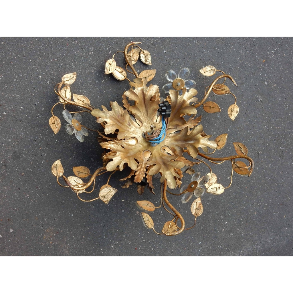 1950/70' Plafonnier à Décor Floral Avec Feuilles en Verre Style Maison Bagués