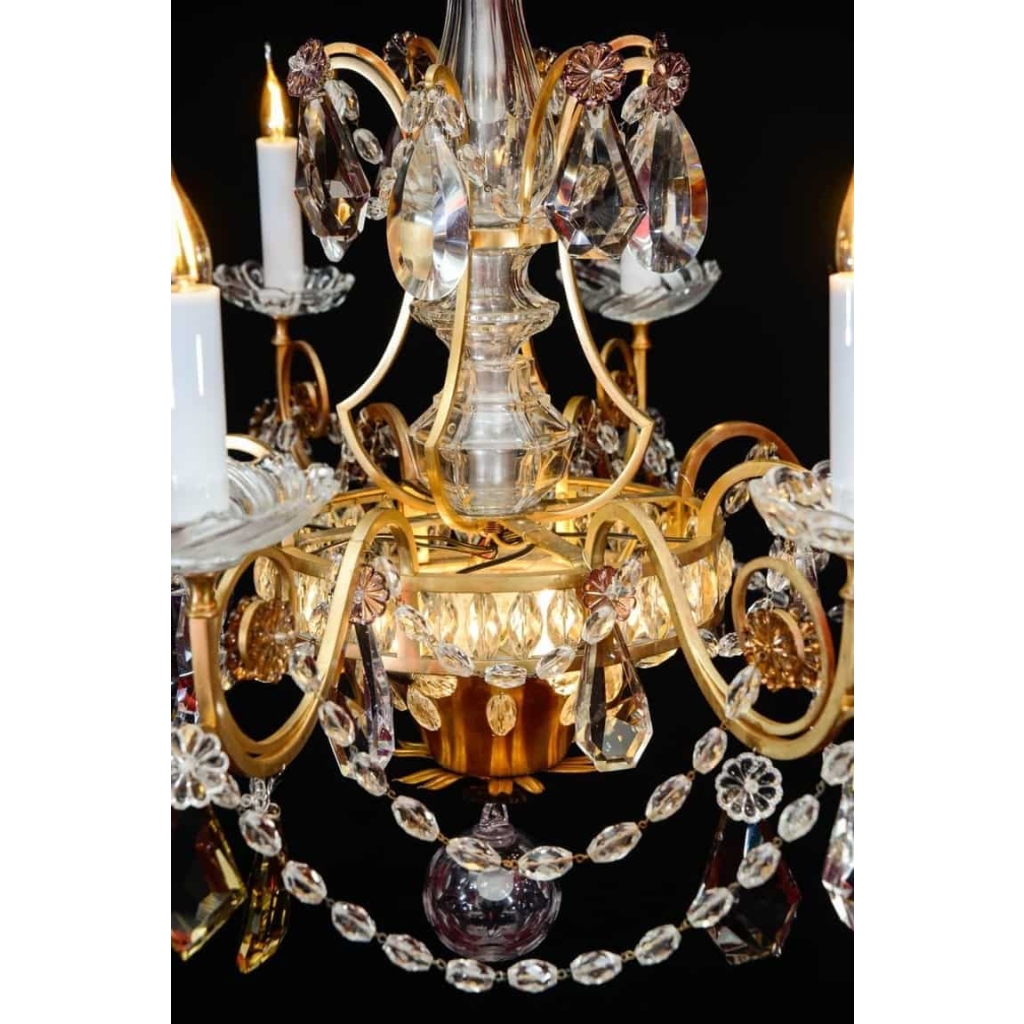 Lustre, Maison Baguès, 1940, 12 lumières, pampilles de cristal, grande décoration | Biron Lustre, Maison Baguès, 1940, 12 lumières, pampilles de cristal, grande décoration