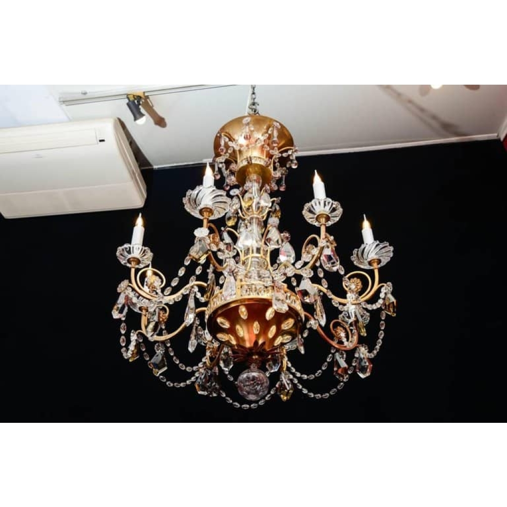 Lustre, Maison Baguès, 1940, 12 lumières, pampilles de cristal, grande décoration | Biron Lustre, Maison Baguès, 1940, 12 lumières, pampilles de cristal, grande décoration
