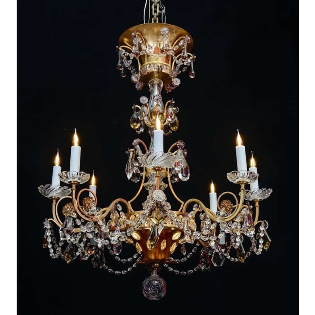 Lustre, Maison Baguès, 1940, 12 lumières, pampilles de cristal, grande décoration | Biron Lustre, Maison Baguès, 1940, 12 lumières, pampilles de cristal, grande décoration