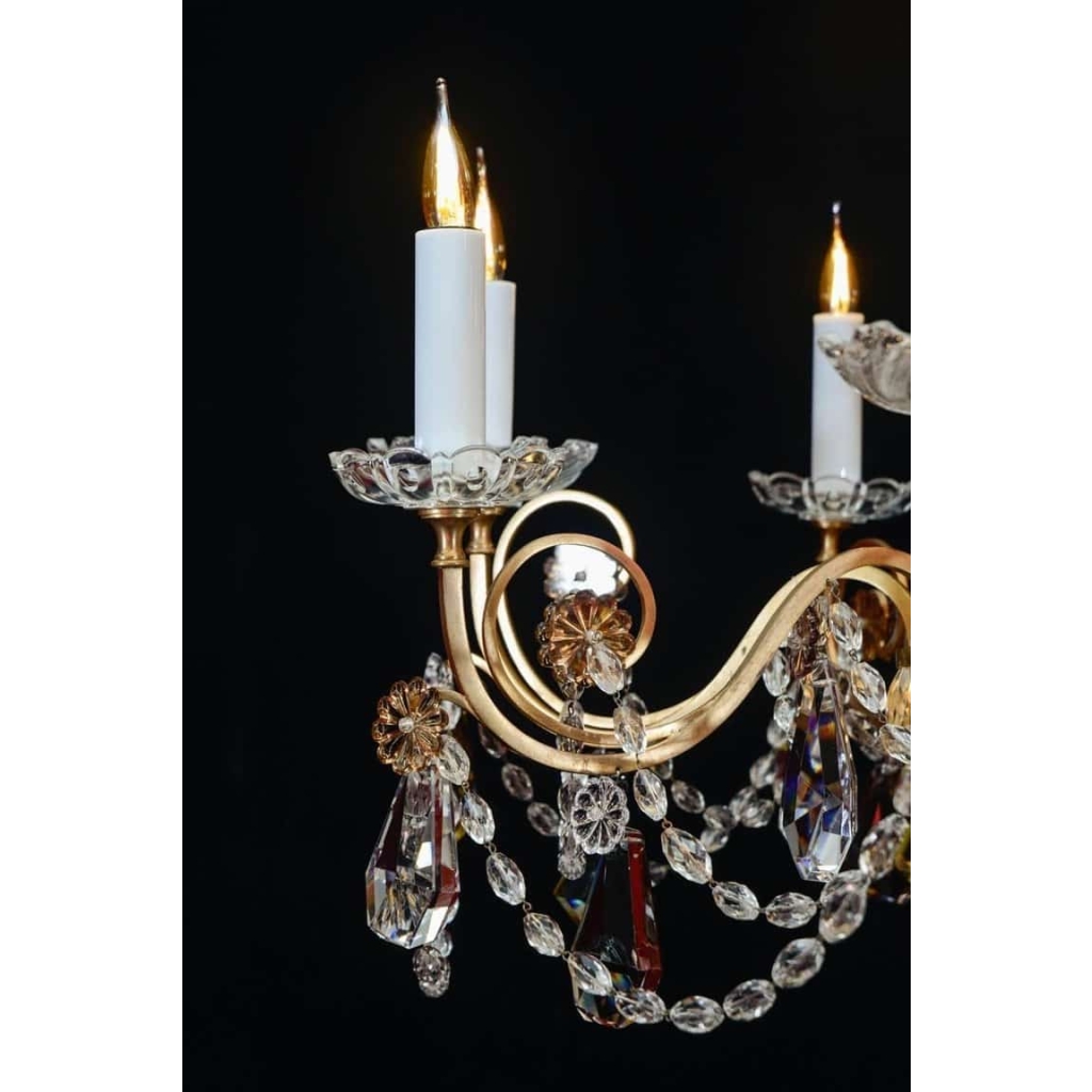 Lustre, Maison Baguès, 1940, 12 lumières, pampilles de cristal, grande décoration | Biron Lustre, Maison Baguès, 1940, 12 lumières, pampilles de cristal, grande décoration