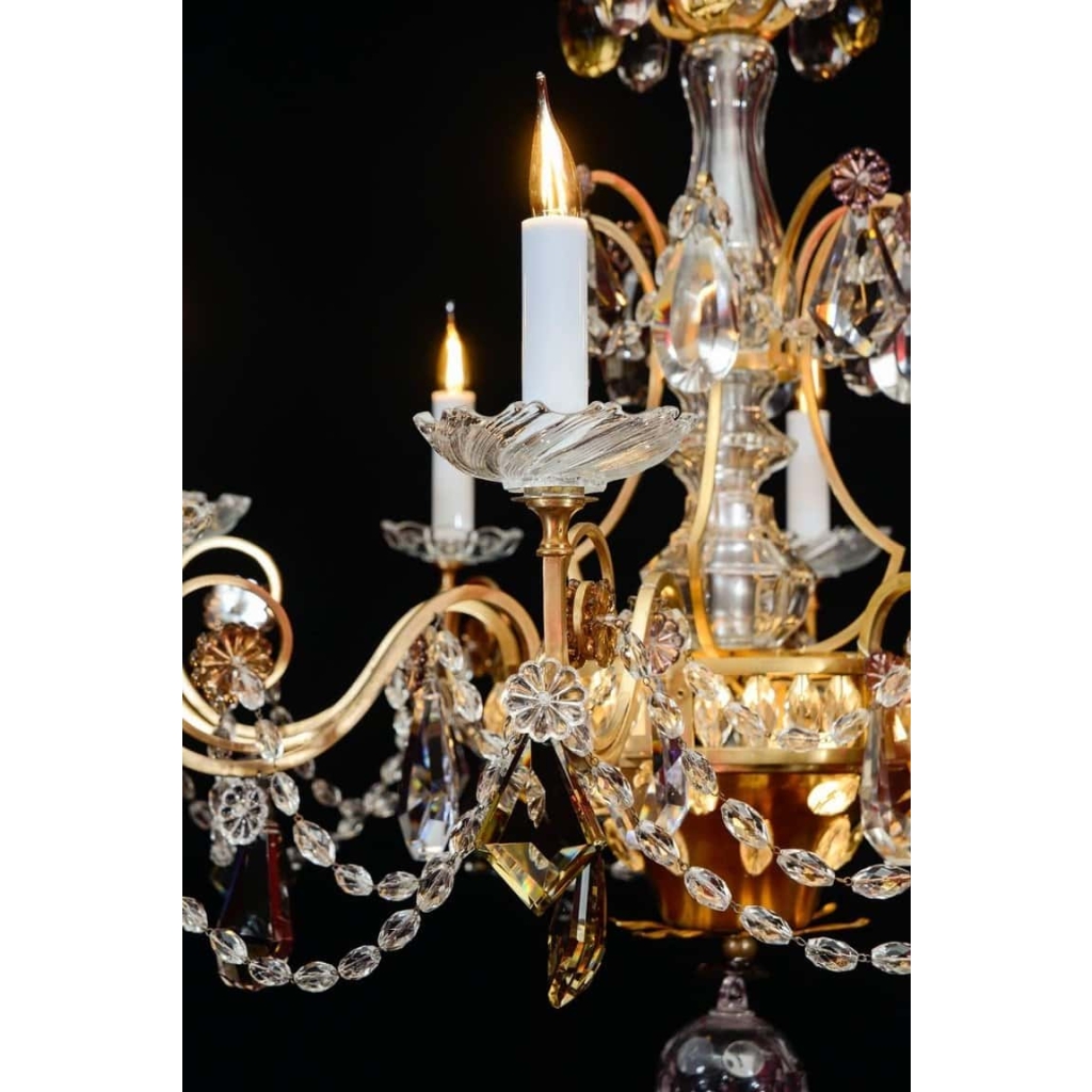 Lustre, Maison Baguès, 1940, 12 lumières, pampilles de cristal, grande décoration | Biron Lustre, Maison Baguès, 1940, 12 lumières, pampilles de cristal, grande décoration
