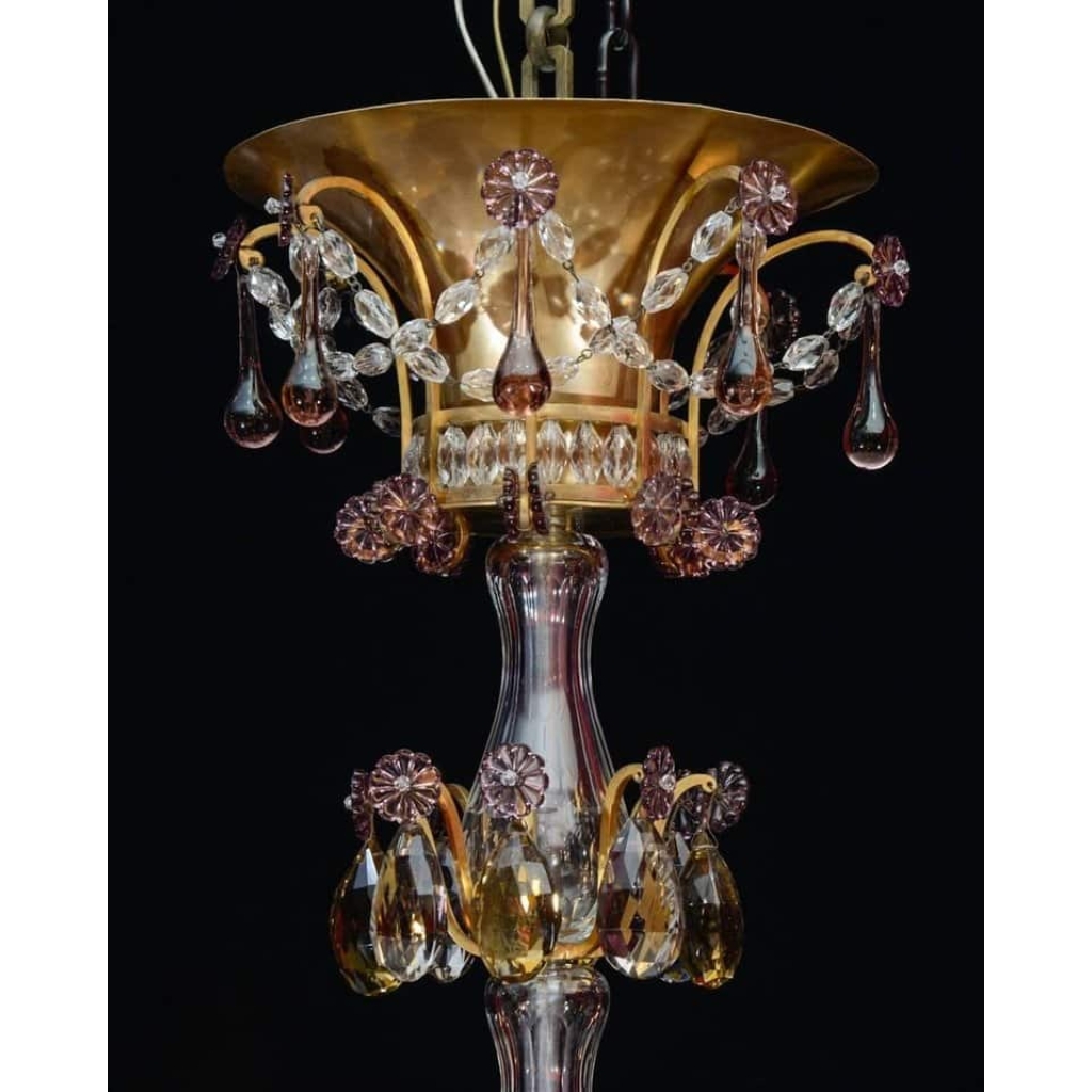 Lustre, Maison Baguès, 1940, 12 lumières, pampilles de cristal, grande décoration | Biron Lustre, Maison Baguès, 1940, 12 lumières, pampilles de cristal, grande décoration