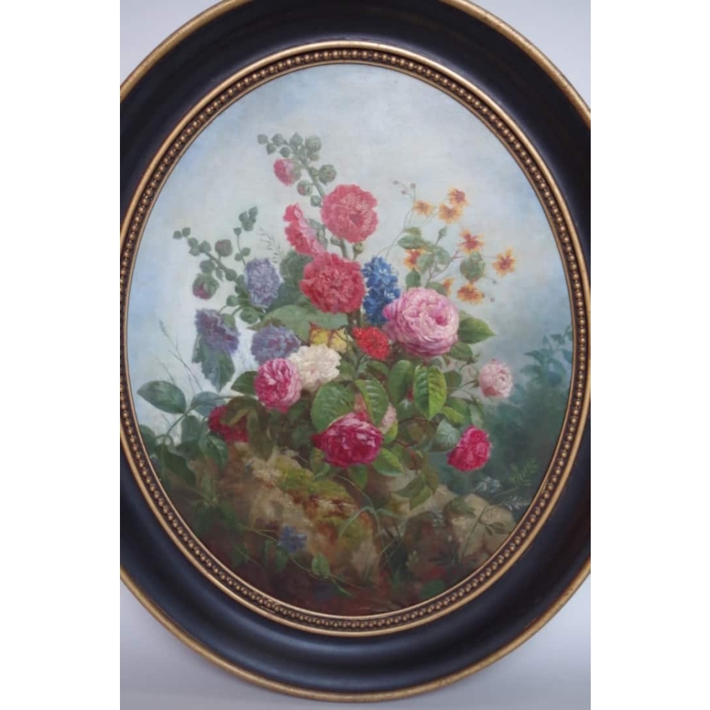 Paire d'huiles sur toiles, natures mortes avec bouquets de fleurs, 2nde motié du XIXème siècle