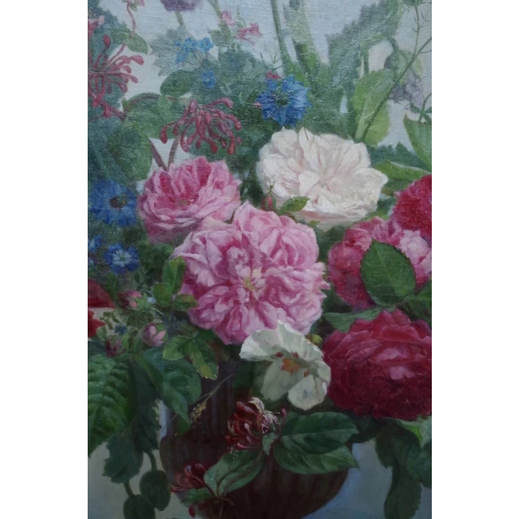 Paire d'huiles sur toiles, natures mortes avec bouquets de fleurs, 2nde motié du XIXème siècle
