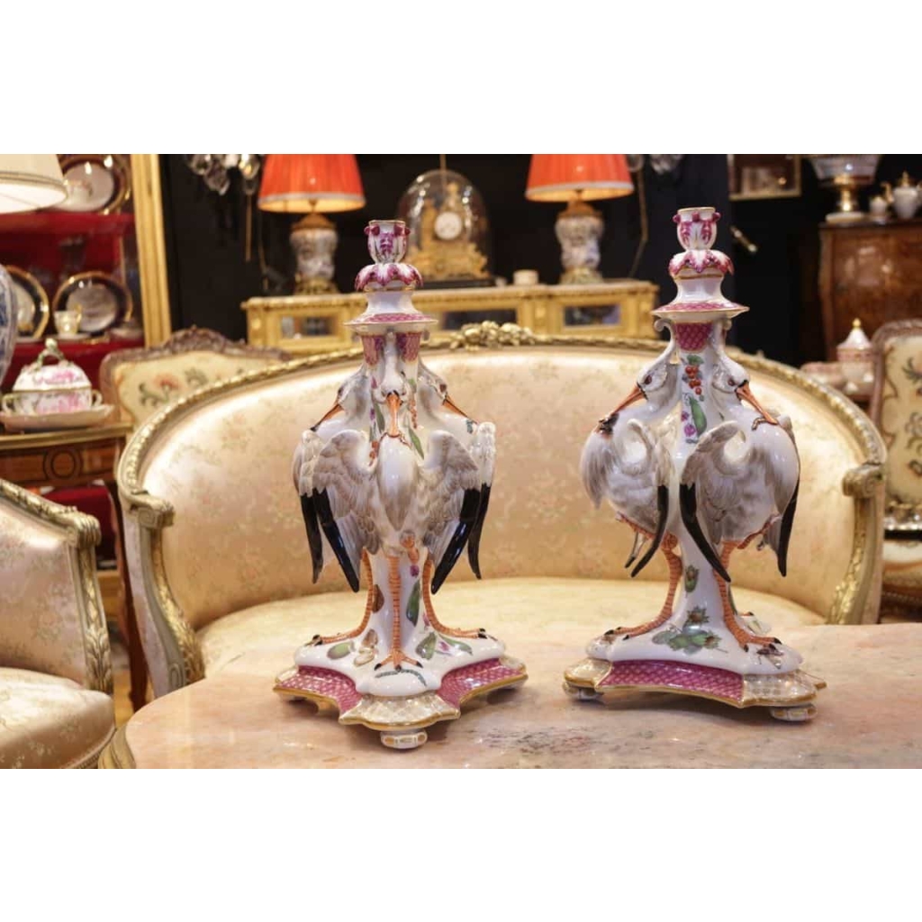 Paire de chandeliers Échassiers et insectes Hochst 18e siècle | Biron ||||||||
