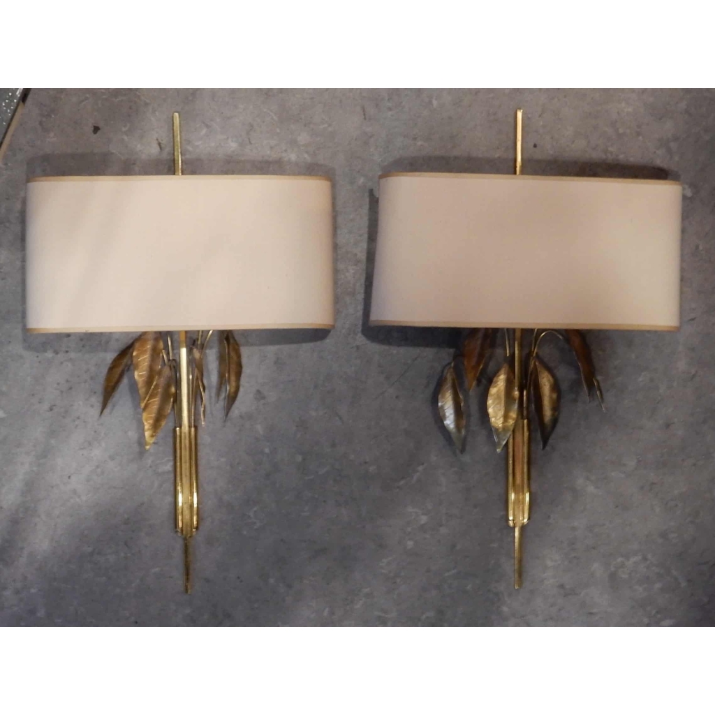 1970′ Paire d Appliques Maison Charles Aux Feuillages De Laurier | Biron 1970' Paire d Appliques Maison Charles Aux Feuillages De Laurier