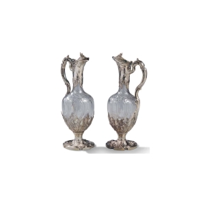 Paire d'Aiguières Cristal Cotes Torses & Argent Massif