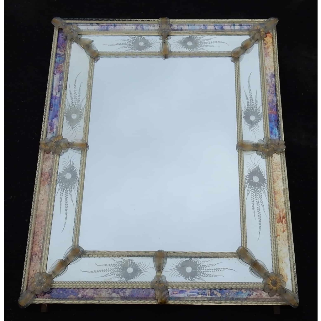 1970 Miroir Aux Etoiles Filantes Style Véronese Rectangulaire Parecloses et Fleurs Dorées a l Or 102 X 82 cm | Biron |||||||||