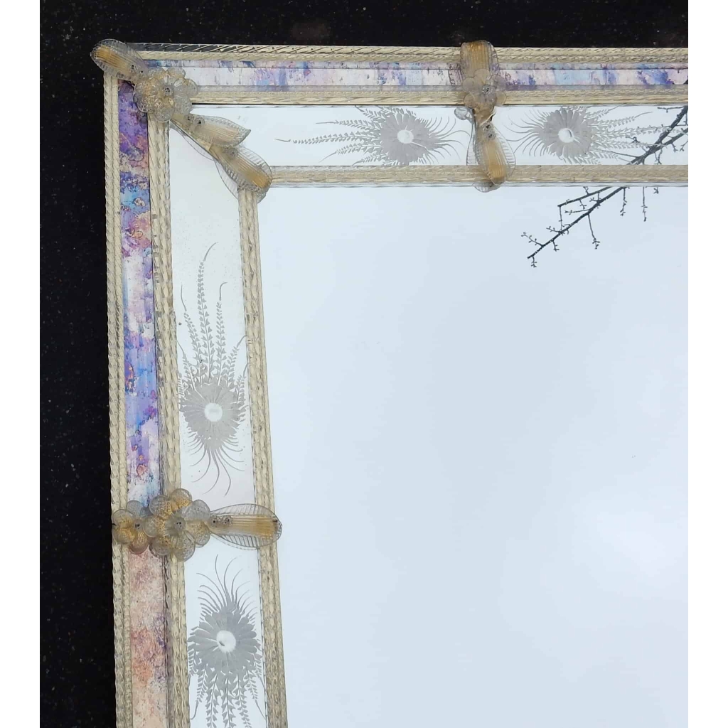 1970 Miroir Aux Etoiles Filantes Style Véronese Rectangulaire Parecloses et Fleurs Dorées a l Or 102 X 82 cm | Biron 1970 Miroir Aux Etoiles Filantes Style Véronese Rectangulaire Parecloses et Fleurs Dorées a l Or 102 X 82 cm