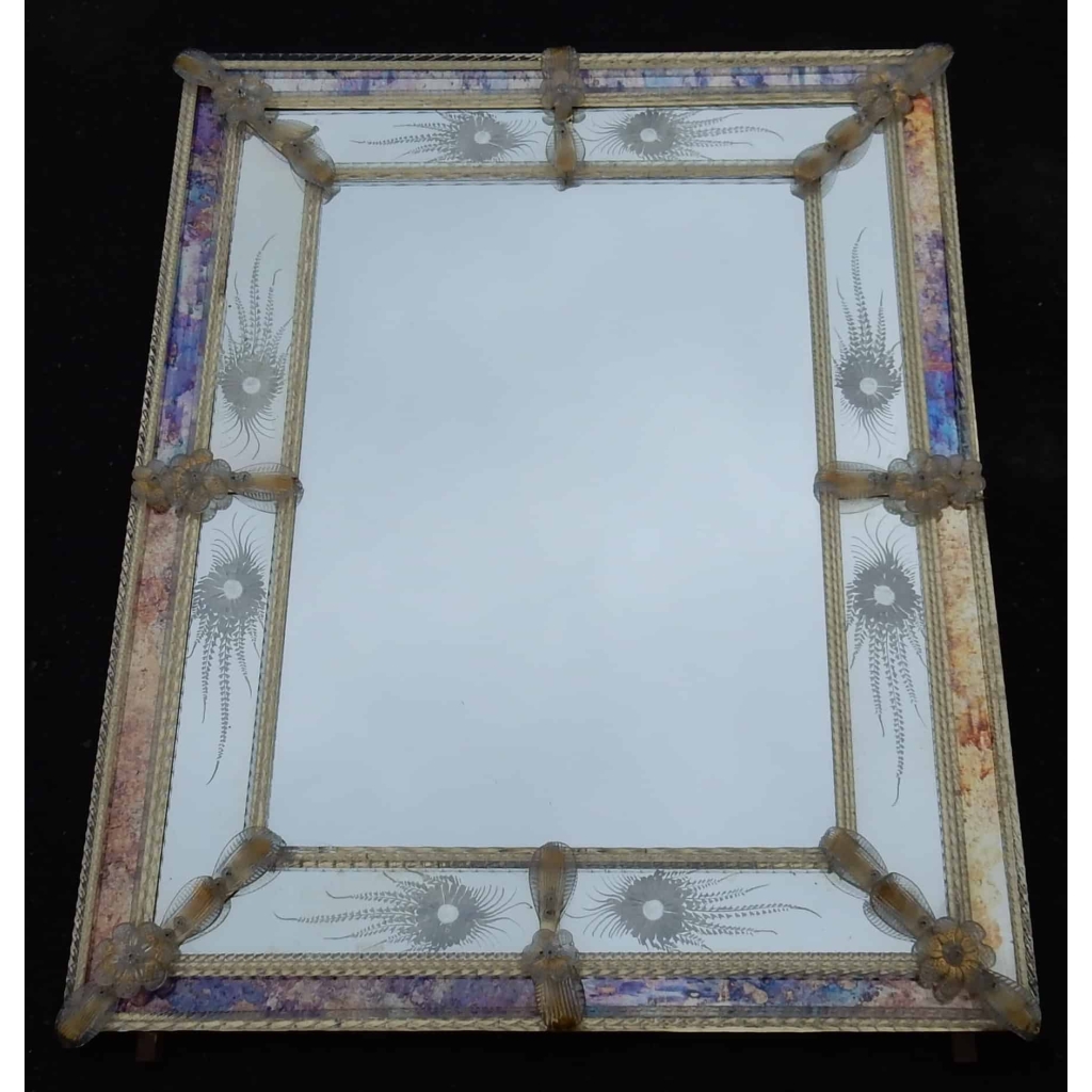 1970 Miroir Aux Etoiles Filantes Style Véronese Rectangulaire Parecloses et Fleurs Dorées a l Or 102 X 82 cm | Biron 1970 Miroir Aux Etoiles Filantes Style Véronese Rectangulaire Parecloses et Fleurs Dorées a l Or 102 X 82 cm