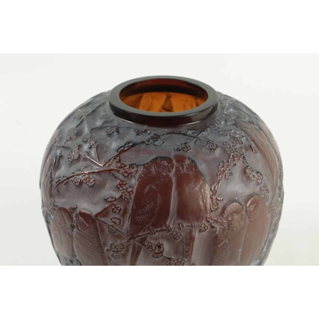 René Lalique Vase » Perruches » Teinté Ambre | Biron René Lalique Vase" Perruches " Teinté Ambre