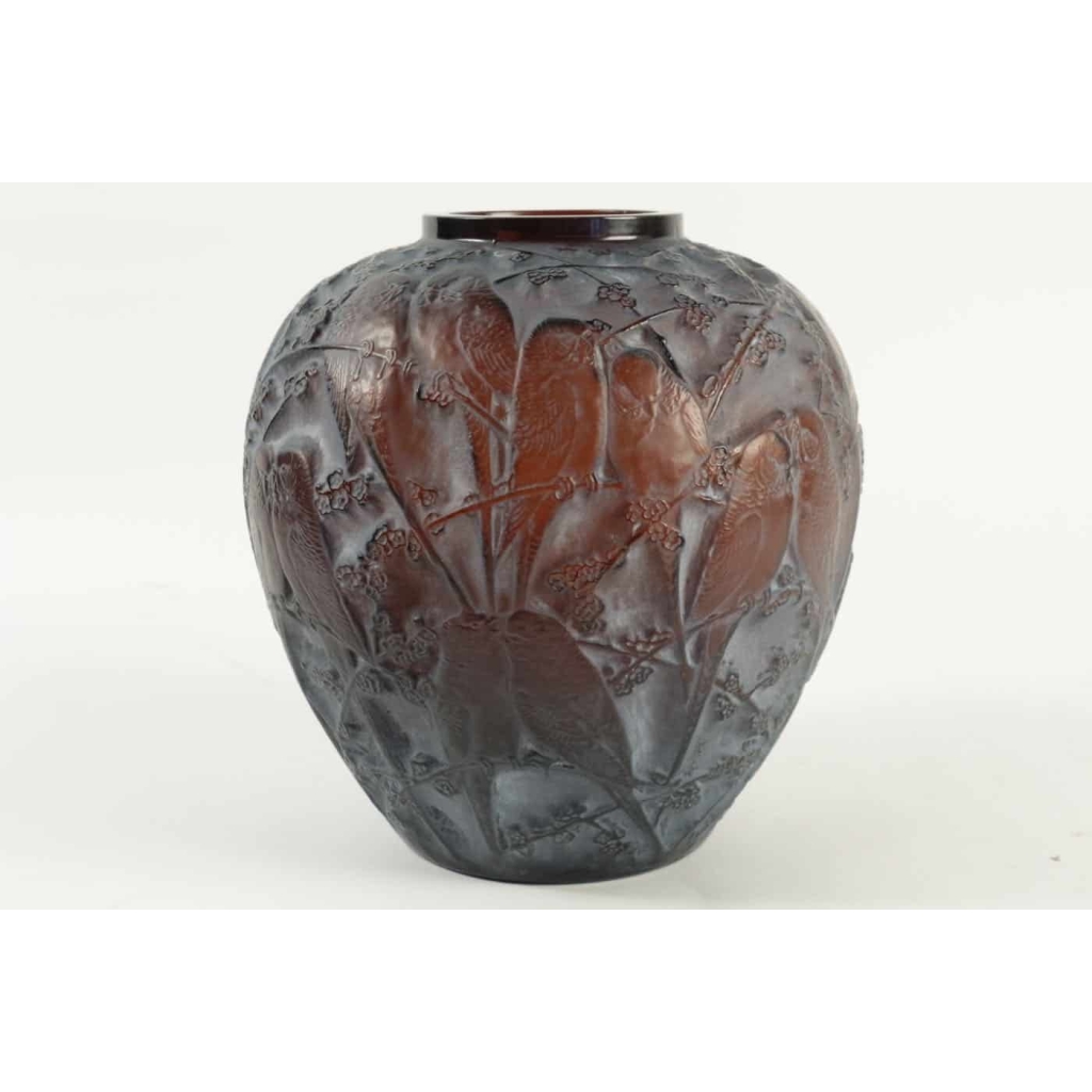 René Lalique Vase » Perruches » Teinté Ambre | Biron René Lalique Vase" Perruches " Teinté Ambre