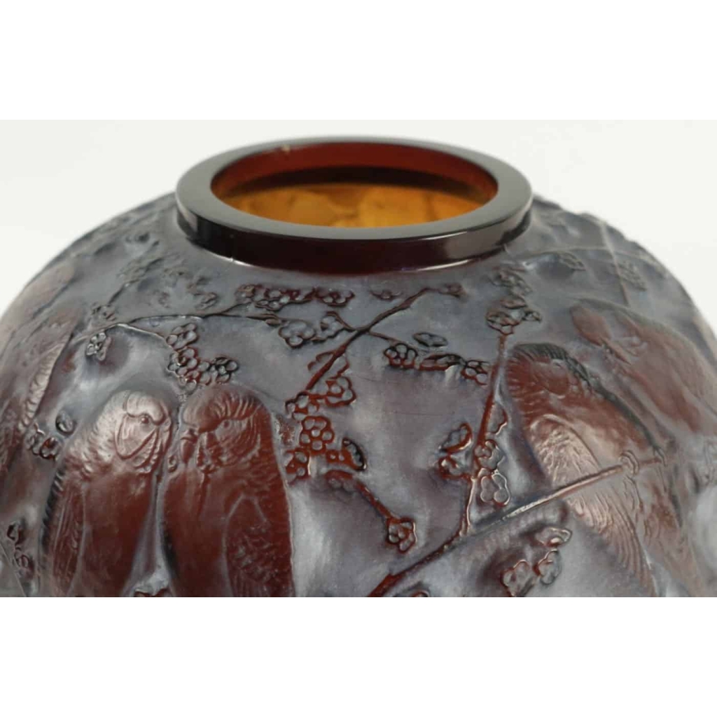 René Lalique Vase » Perruches » Teinté Ambre | Biron René Lalique Vase" Perruches " Teinté Ambre