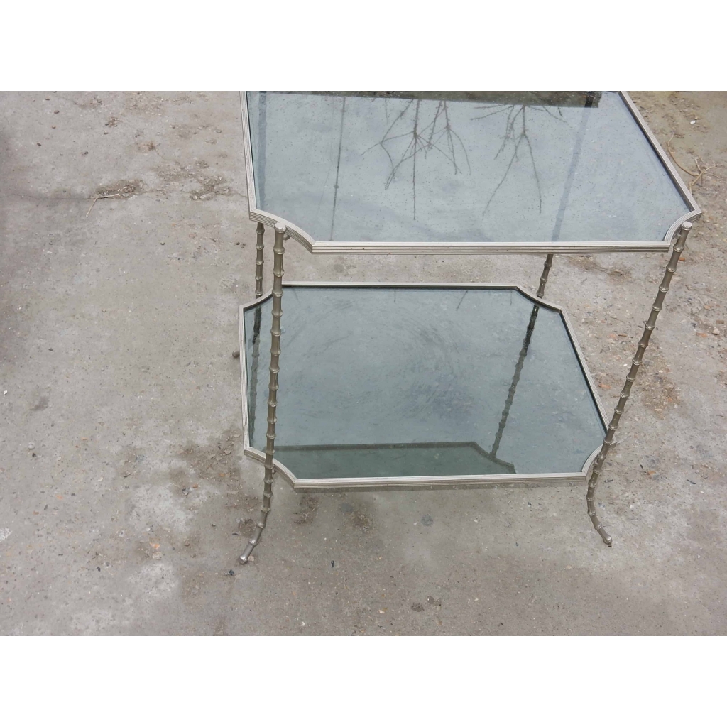 1950/70 Gueridon Maison Bagues Modele Bambou Laiton Argenté Angles Concaves | Biron 1950/70 Gueridon Maison Bagues Modele Bambou Laiton Argenté Angles Concaves