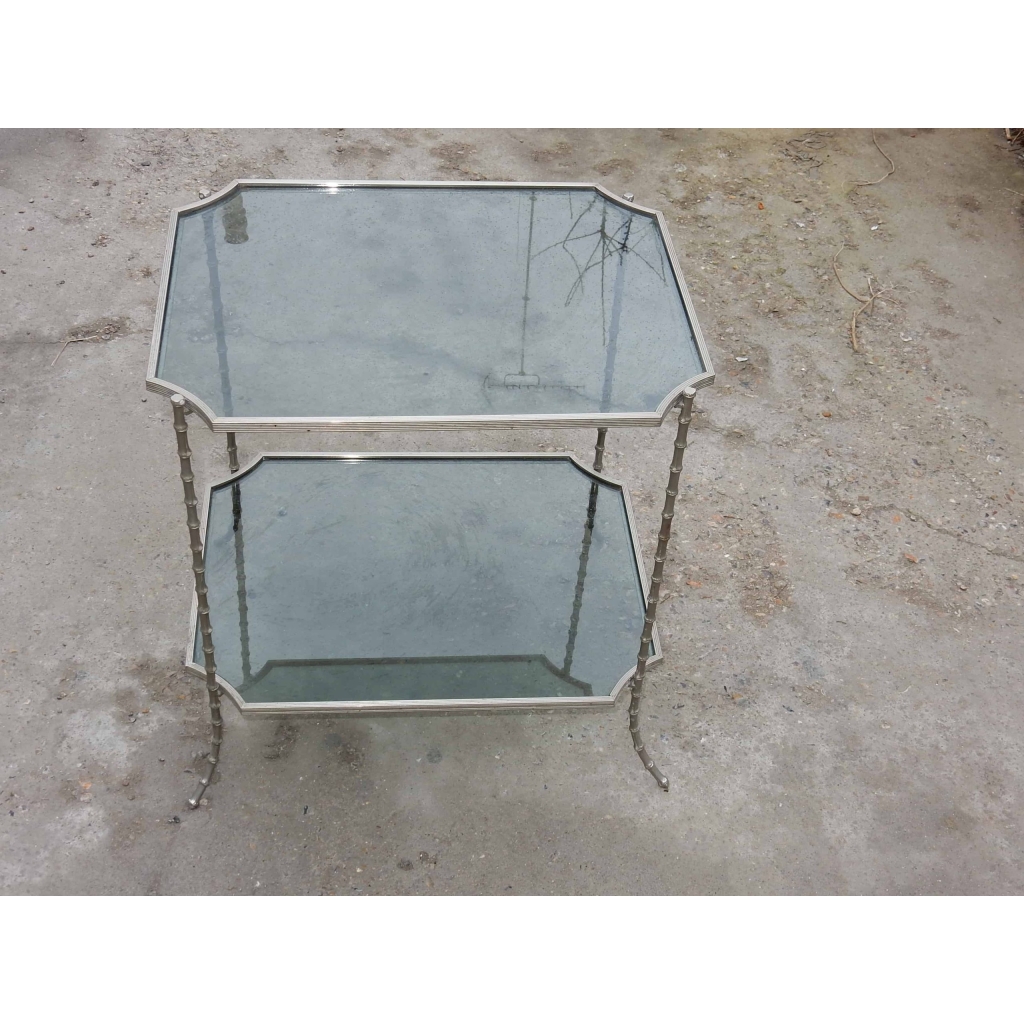 1950/70 Gueridon Maison Bagues Modele Bambou Laiton Argenté Angles Concaves | Biron 1950/70 Gueridon Maison Bagues Modele Bambou Laiton Argenté Angles Concaves