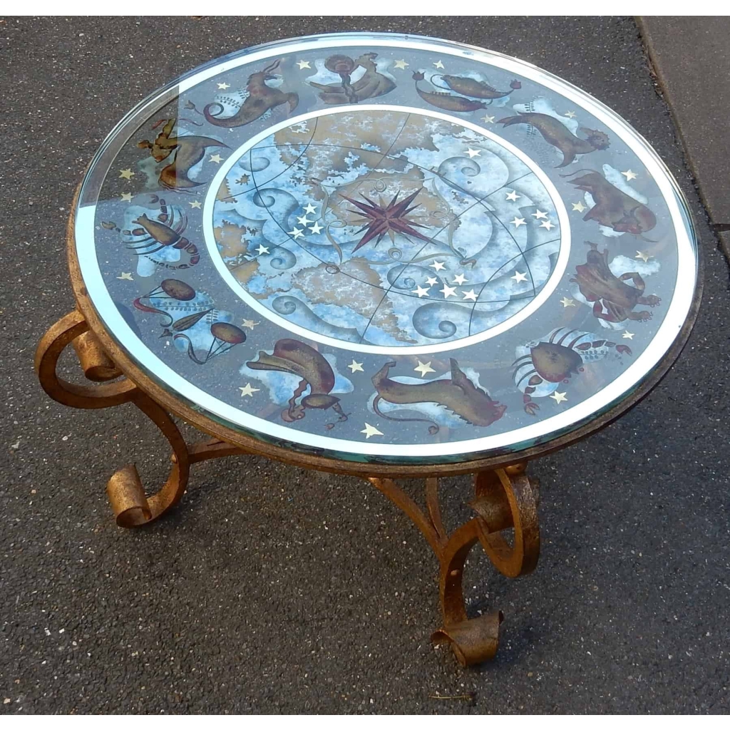 1940/50 Table Basse a Decor de Zodiaque Style Poillerat et Ingrand a Décors Eglomisés | Biron 1940/50 Table Basse a Decor de Zodiaque Style Poillerat et Ingrand a Décors Eglomisés