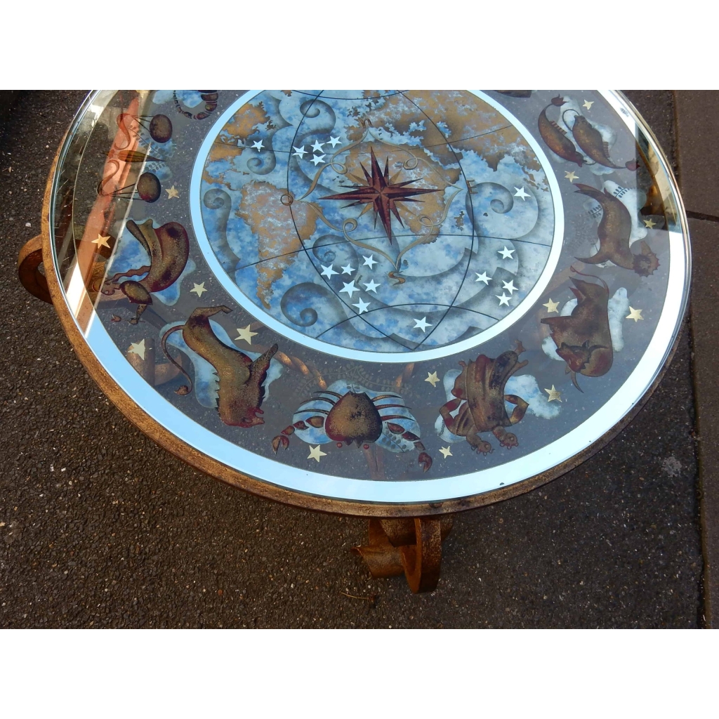 1940/50 Table Basse a Decor de Zodiaque Style Poillerat et Ingrand a Décors Eglomisés | Biron 1940/50 Table Basse a Decor de Zodiaque Style Poillerat et Ingrand a Décors Eglomisés