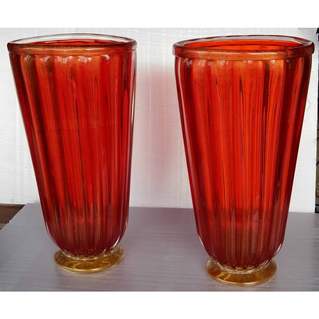 1970′ Paire de Vases Cristal Murano Rouge et Or Toso Signés | Biron |||||||||