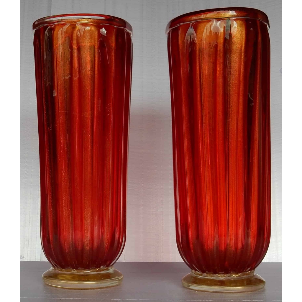 1970′ Paire de Vases Cristal Murano Rouge et Or Toso Signés | Biron 1970' Paire de Vases Cristal Murano Rouge et Or Toso Signés