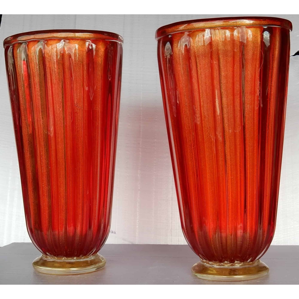 1970′ Paire de Vases Cristal Murano Rouge et Or Toso Signés | Biron 1970' Paire de Vases Cristal Murano Rouge et Or Toso Signés