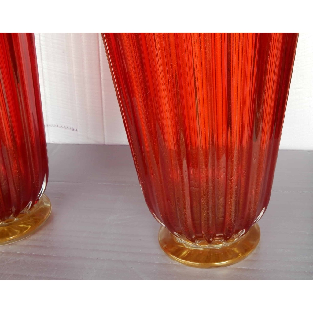 1970′ Paire de Vases Cristal Murano Rouge et Or Toso Signés | Biron 1970' Paire de Vases Cristal Murano Rouge et Or Toso Signés