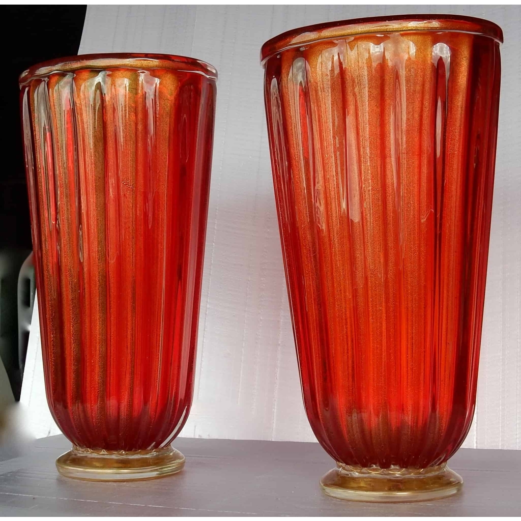 1970′ Paire de Vases Cristal Murano Rouge et Or Toso Signés | Biron 1970' Paire de Vases Cristal Murano Rouge et Or Toso Signés