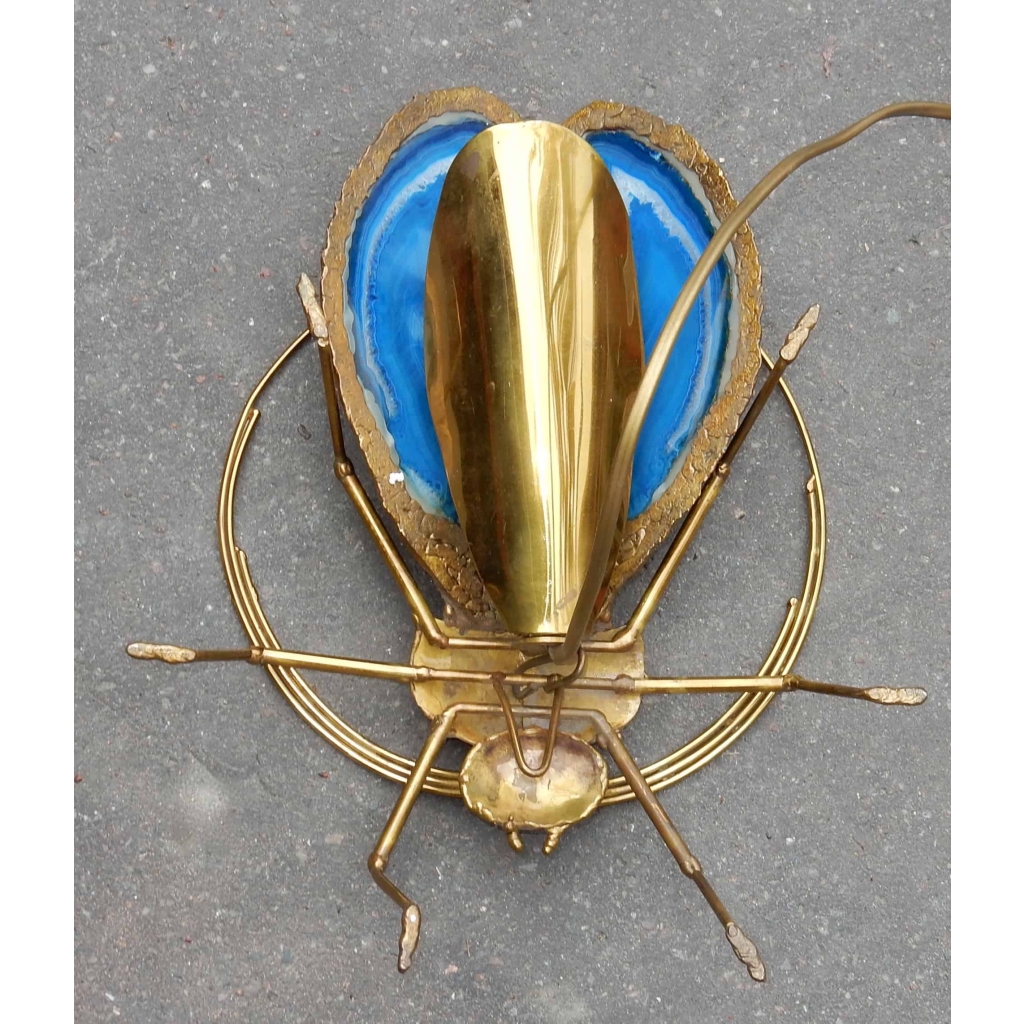1970′ Applique Scarabée de Fernandez ou Duval Brasseur avec Ailes en Agate Bleue 30 X H 35 cm | Biron 1970' Applique Scarabée de Fernandez ou Duval Brasseur avec Ailes en Agate Bleue 30 X H 35 cm