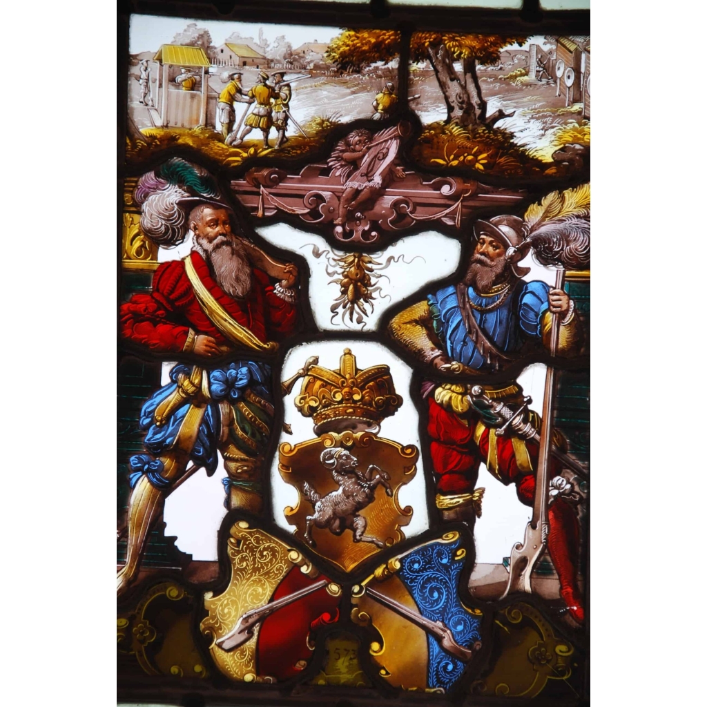 VITRAIL SUISSE AVEC DEUX HOMMES ET BLASON | Biron VITRAIL SUISSE AVEC DEUX HOMMES ET BLASON