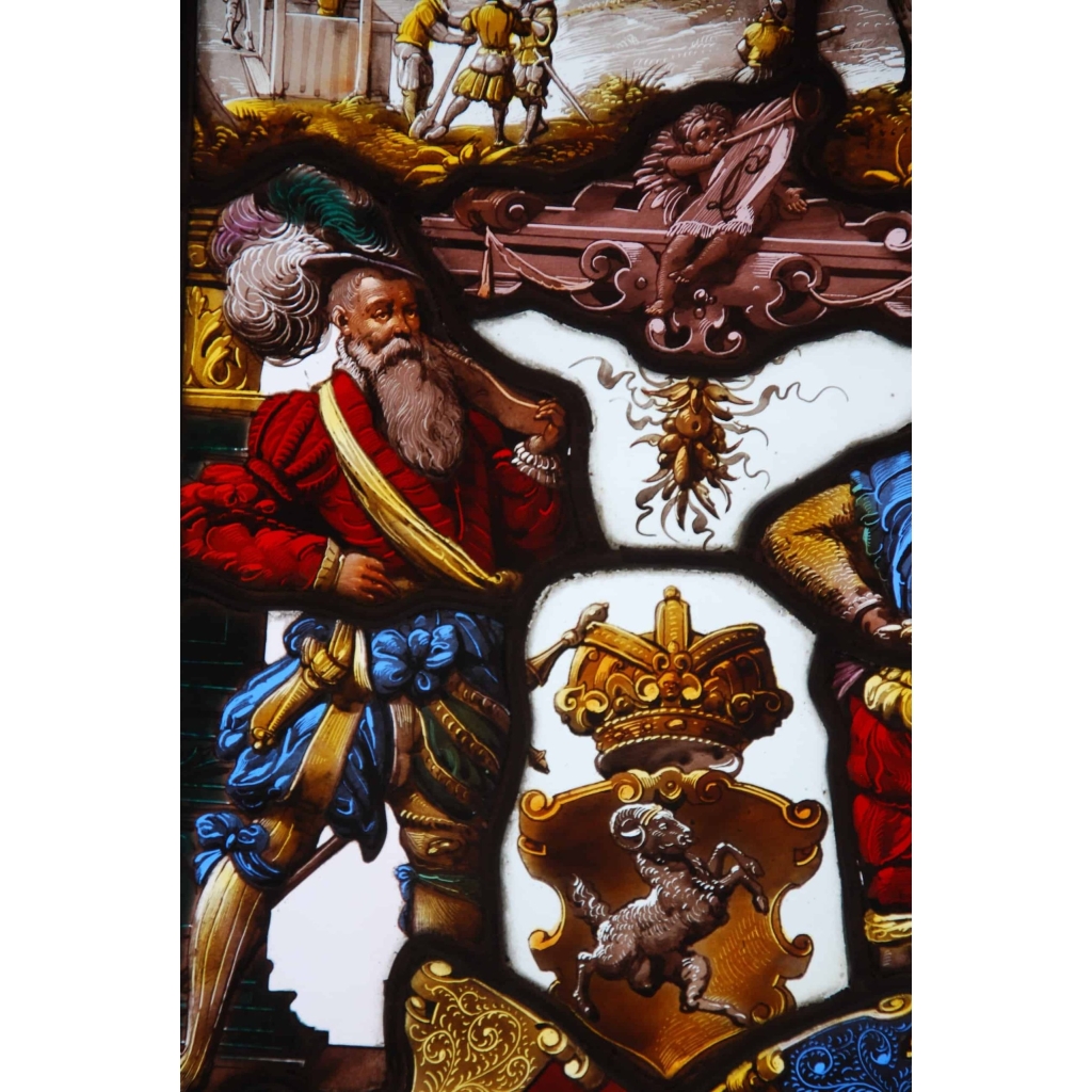 VITRAIL SUISSE AVEC DEUX HOMMES ET BLASON | Biron VITRAIL SUISSE AVEC DEUX HOMMES ET BLASON