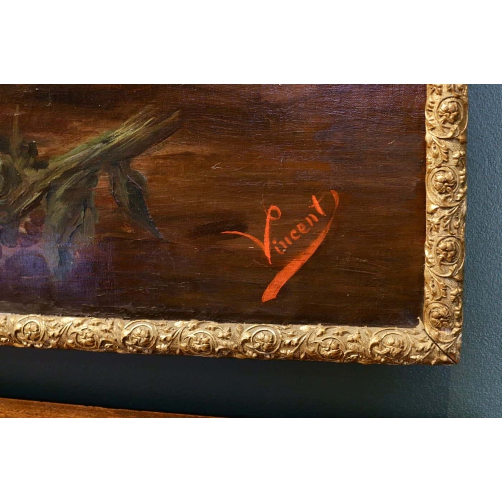 Nature morte aux fleurs et aux fruits signée Vincent.XIXème siècle.